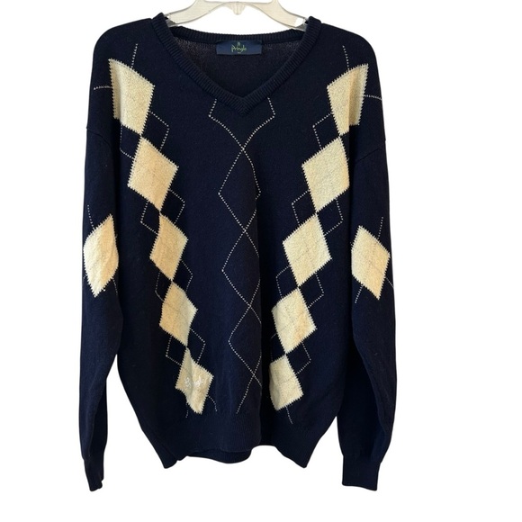 Pringle Navy and Cream Argyle Wool V-Neck Golf Sweater Men's Medium - Picture 1 of 8
